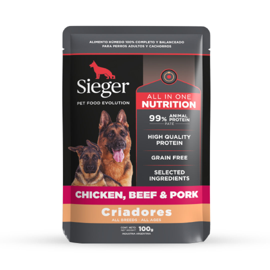 Pouch Sieger Criadores Perro sabor Pollo, Carne y Cerdo